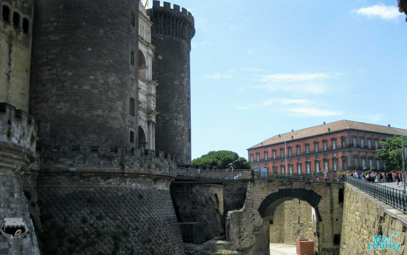 The castle and bridge in the background in Naples, near the port
