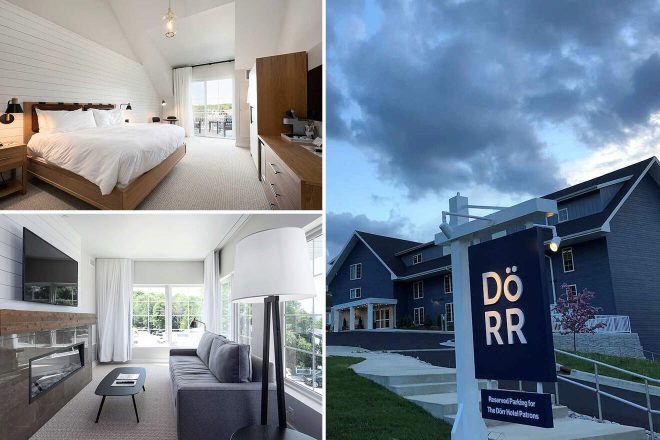 Collage of 3 pics of luxury hotel in Sister Bay: a cozy bedroom, a stylish living room, and the exterior of the building with a sign reading "DÖRR.