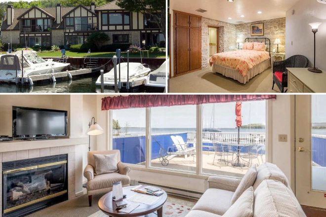 Collage of 3 pics of luxury hotel in Fish Creek: a waterfront home with boat dock, a bedroom, and a living area with a view of a marina and boats.