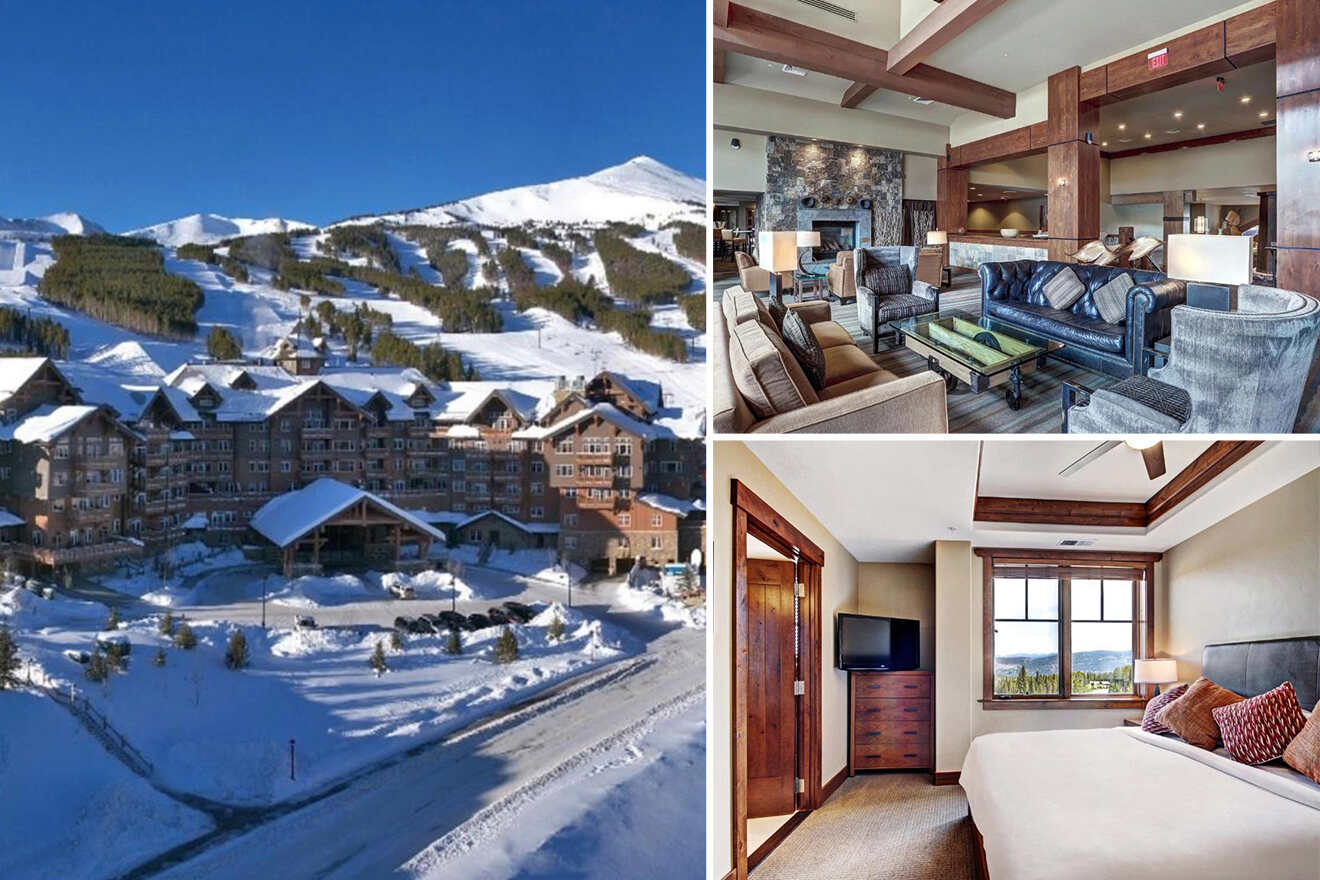 A mountain resort in winter, featuring snowy slopes. The collage includes a cozy lobby with seating and a hotel room with a bed and a TV.