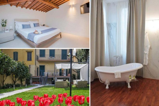 Collage of 3 pics of luxury stay: a cozy bedroom with wooden ceiling beams, a freestanding bathtub by a window with curtains, and a garden with red tulips and outdoor seating in front of a yellow house.