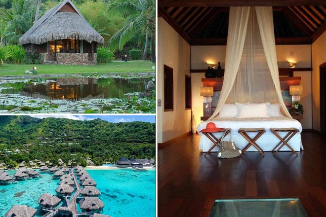 A collage of three hotel photos to stay in Tahiti: a serene bungalow surrounded by lush greenery and a lily pond, a luxurious bedroom with a canopy bed and wooden flooring, and an aerial view of overwater bungalows amidst turquoise waters and lush hills.