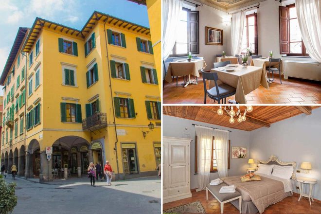 Collage of 3 pics of luxury stay: a yellow multi-story building with arched windows and a small balcony; a dining area with light-filled windows and a bedroom with rustic wooden ceiling and elegant furnishings.
