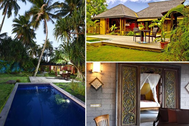A collage of three hotel photos to stay in Tahiti: a tropical garden with tall palm trees and an inviting pool, a cozy wooden deck with outdoor seating, and a traditional bedroom with intricately carved wooden doors.