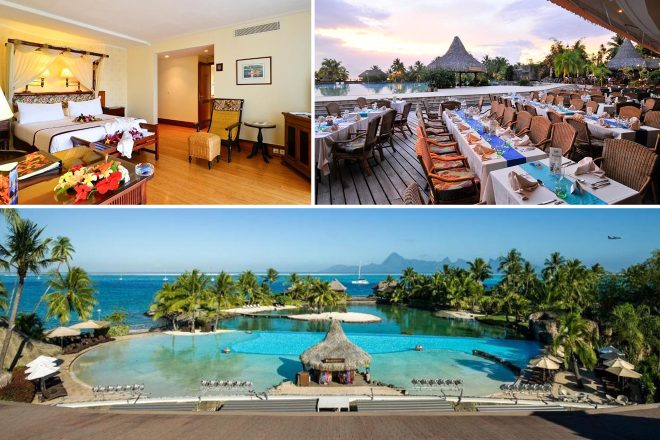 A collage of three hotel photos to stay in Tahiti: a spacious bedroom with a canopy bed and vibrant floral decor, an outdoor dining area set for an evening meal overlooking the pool, and a large lagoon-style pool with ocean views and surrounding palm trees.