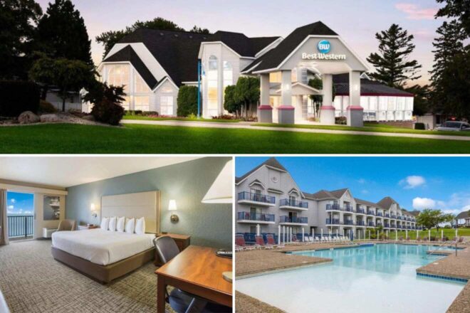 collage of three hotel photos: hotel exterior, bedroom, and outdoor pool