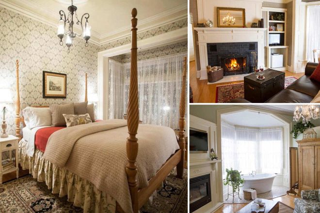 Collage of 3 pics of luxury hotel in Sturgeon Bay: a cozy bedroom with a four-poster bed, a living room with a lit fireplace, and a bathroom featuring a clawfoot bathtub, all decorated in a vintage style with warm, inviting colors.