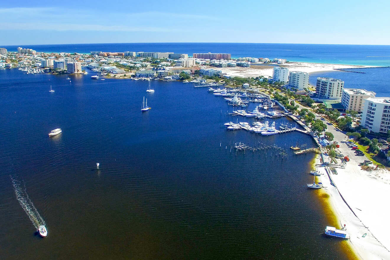 aerial view over water and coastline of Destin