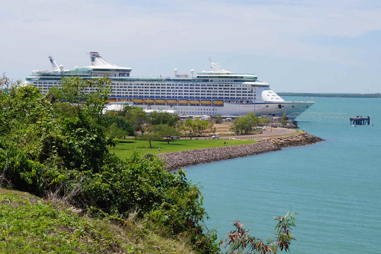 A large cruise ship docked at a port, with green foliage in the foreground and calm turquoise water surrounding the area.