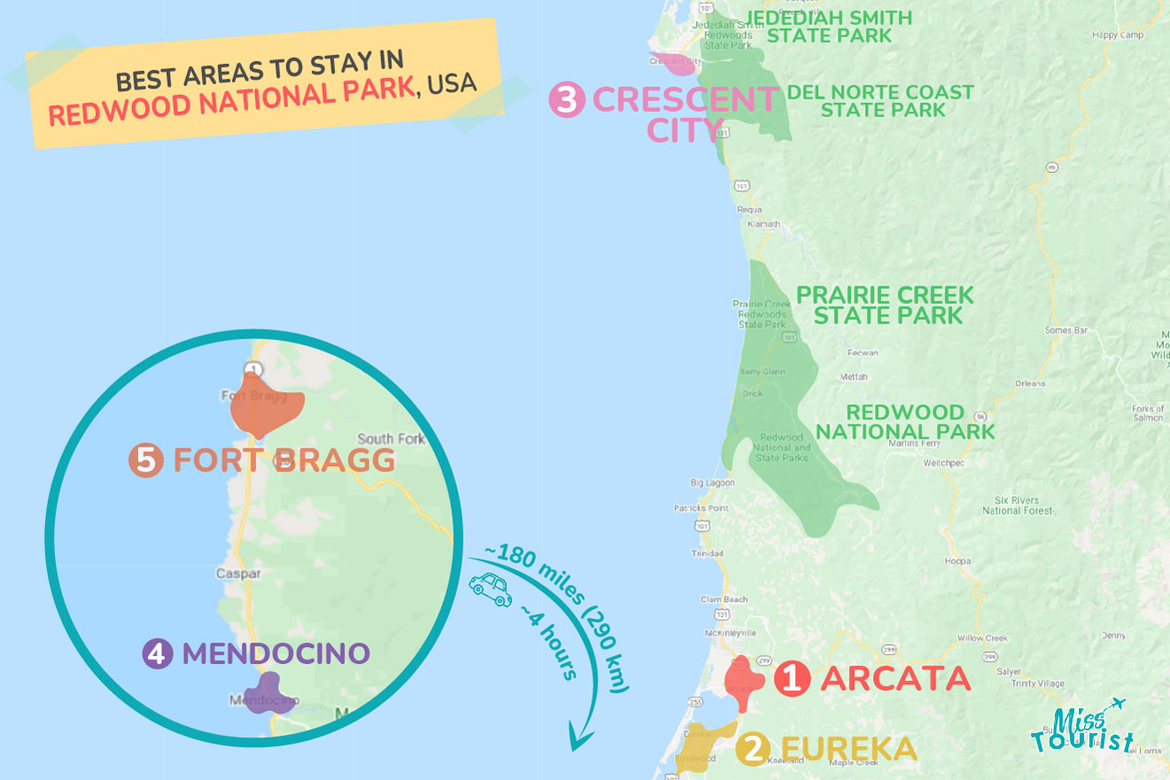 Map of best places to stay Redwood National Park