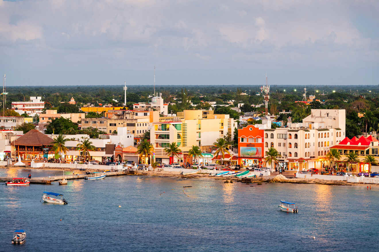 Cozumel, Mexico coastal town skyline at dusk