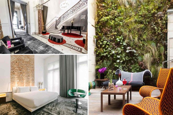 A collage of three hotel photos showing interiors with a touch of luxury: a foyer with grand staircase and monochrome decor, a lush green vertical garden beside outdoor seating, and a modern living area with vibrant orange accents.