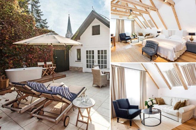 Collage of 3 pics of luxury hotel: outdoor patio with loungers and umbrella beside a small house, two interior images show a living area with chairs and a bedroom with exposed beams and neutral decor.