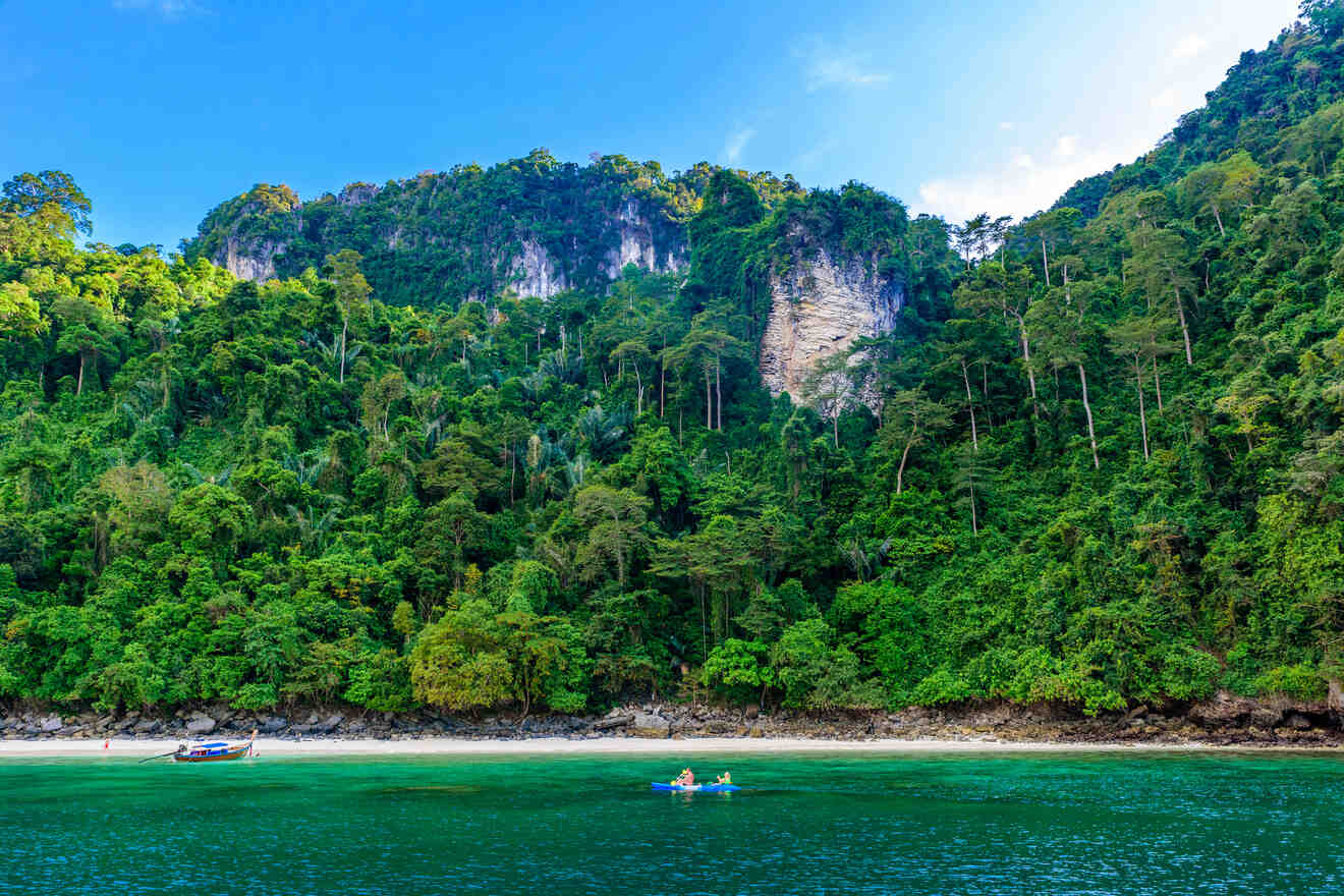 A tranquil beach with dense jungle and towering cliffs in the background.
