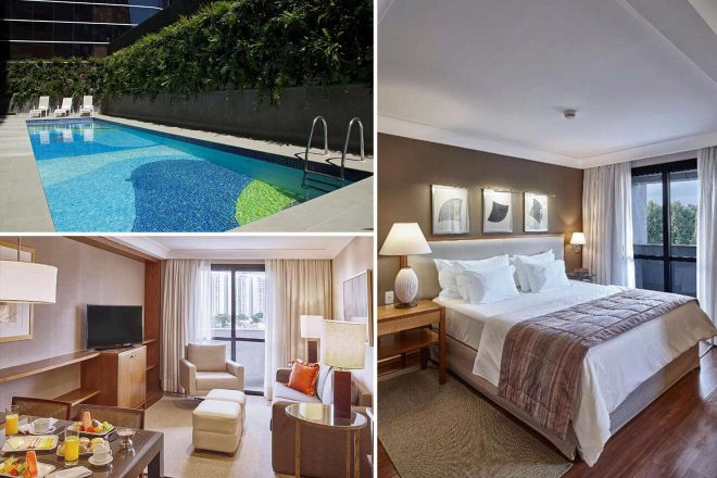 Collage of 3 pics of luxury hotel: an outdoor swimming pool with lounge chairs, a hotel room with a large bed and window, and a hotel living area with a TV, couch, and table.