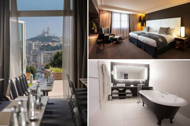A collage of three images from a hotel with stunning views and rooms: a dining area overlooking a cityscape, a bedroom with plush bedding and dark tones, and a spacious bathroom featuring a classic freestanding bathtub