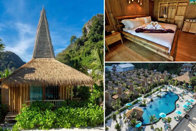 A collage of three hotel photos to stay in Phi Phi Islands: a traditional bamboo hut with a high thatched roof, a cozy bedroom with bamboo furnishings, and an expansive resort view with numerous thatched villas and a large pool.