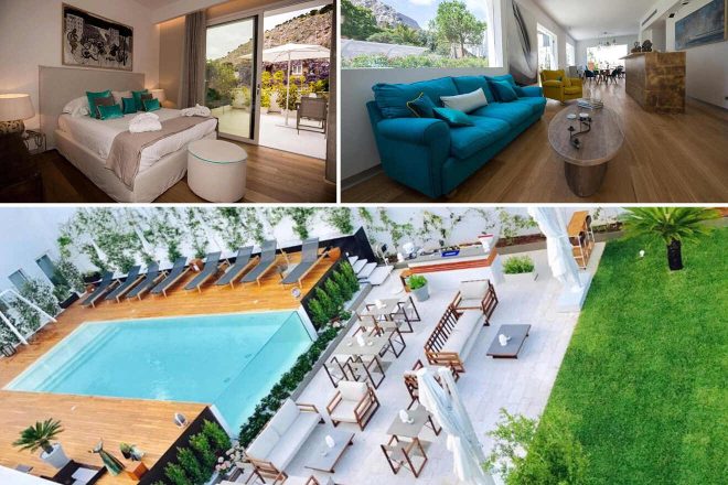 Collage of 3 pics of luxury hotel in Mondello Palermo: a bedroom with a double bed, a living room with teal sofas, and a dining area. An outdoor shot displays a swimming pool with lounge chairs and a nearby garden area.