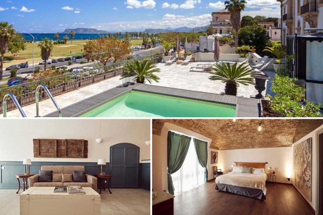 Collage of 3 pics of luxury hotel in Kalsa Palermo: a pool overlooking a seaside view on top, a living room with a sofa and table, and a bedroom with a bed and curtains.
