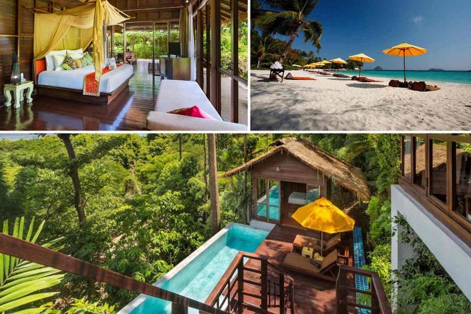 A collage of three hotel photos to stay in Phi Phi Islands: a luxurious room with an elegant canopy bed and lush garden views, a pristine beach with yellow umbrellas and lounge chairs, and a serene villa with a private pool nestled in the tropical forest.