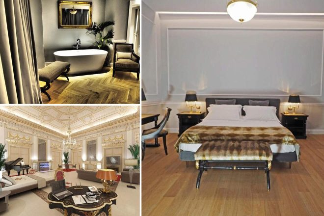 Collage of 3 pics of luxury hotel in Politeama Libertà and Borgo Vecchio Palermo: a bathroom with a freestanding tub, an opulent living room with ornate decor, and a stylish bedroom with a large bed.