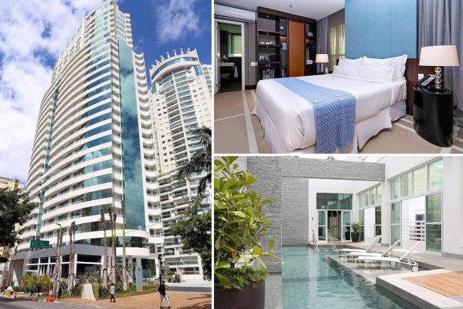 Collage of 3 pics of luxury hotel: a modern high-rise building, a hotel room with a large bed and blue accents, and an outdoor swimming pool area with sun loungers.