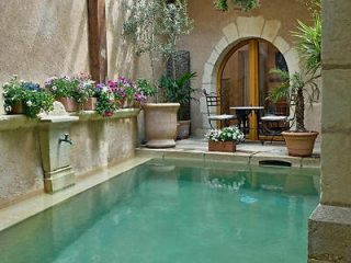 A serene private courtyard with a small pool, surrounded by flowering plants