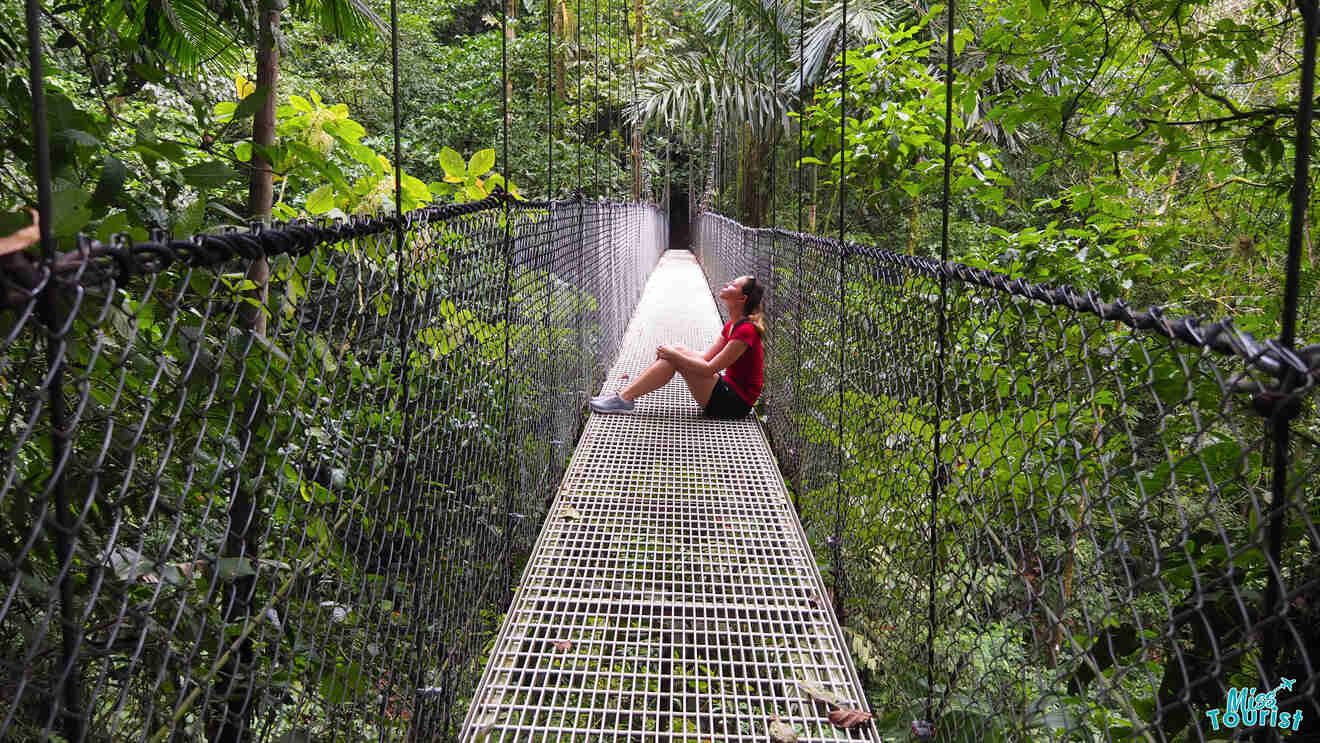 Author on the post sits on a narrow metal suspension bridge surrounded by lush green forest. They are looking relaxed and contemplative.