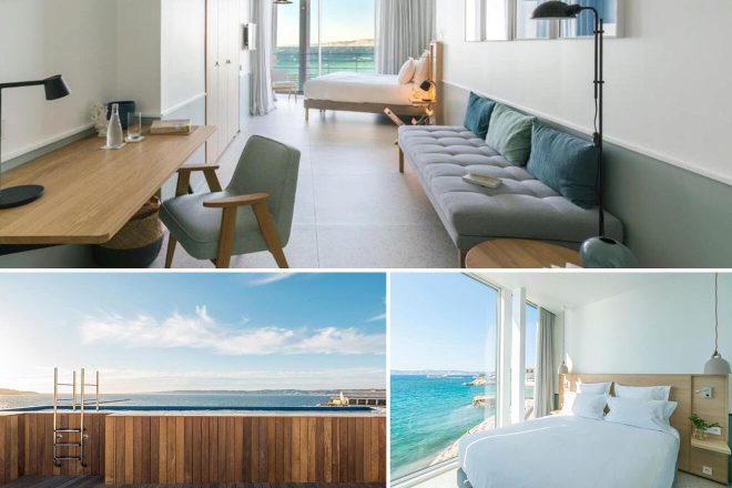 A collage of three hotel photos that capture the essence of seaside relaxation: a minimalist office space with tranquil views, a sleek bedroom opening onto a balcony with ocean panorama, and a luxurious living area bathed in natural light