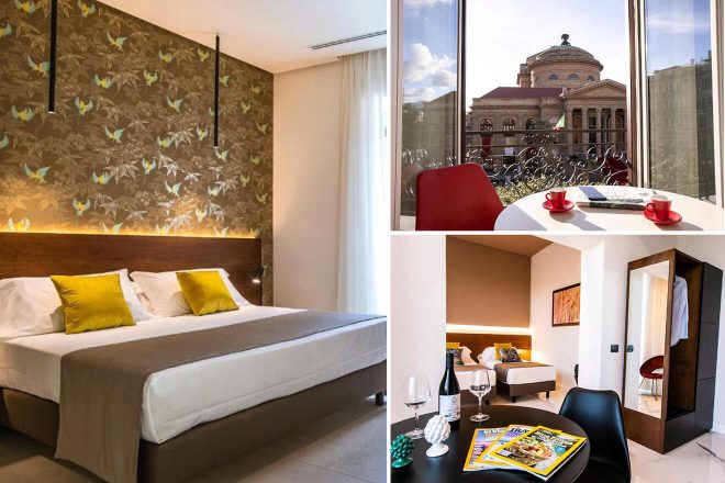 Collage of 3 pics for Luxury hotel in Castellammare Palermo: a room with a double bed, decorative wallpaper, and a view of a historic building from a balcony. Room features include a seating area, contemporary décor, and large windows.