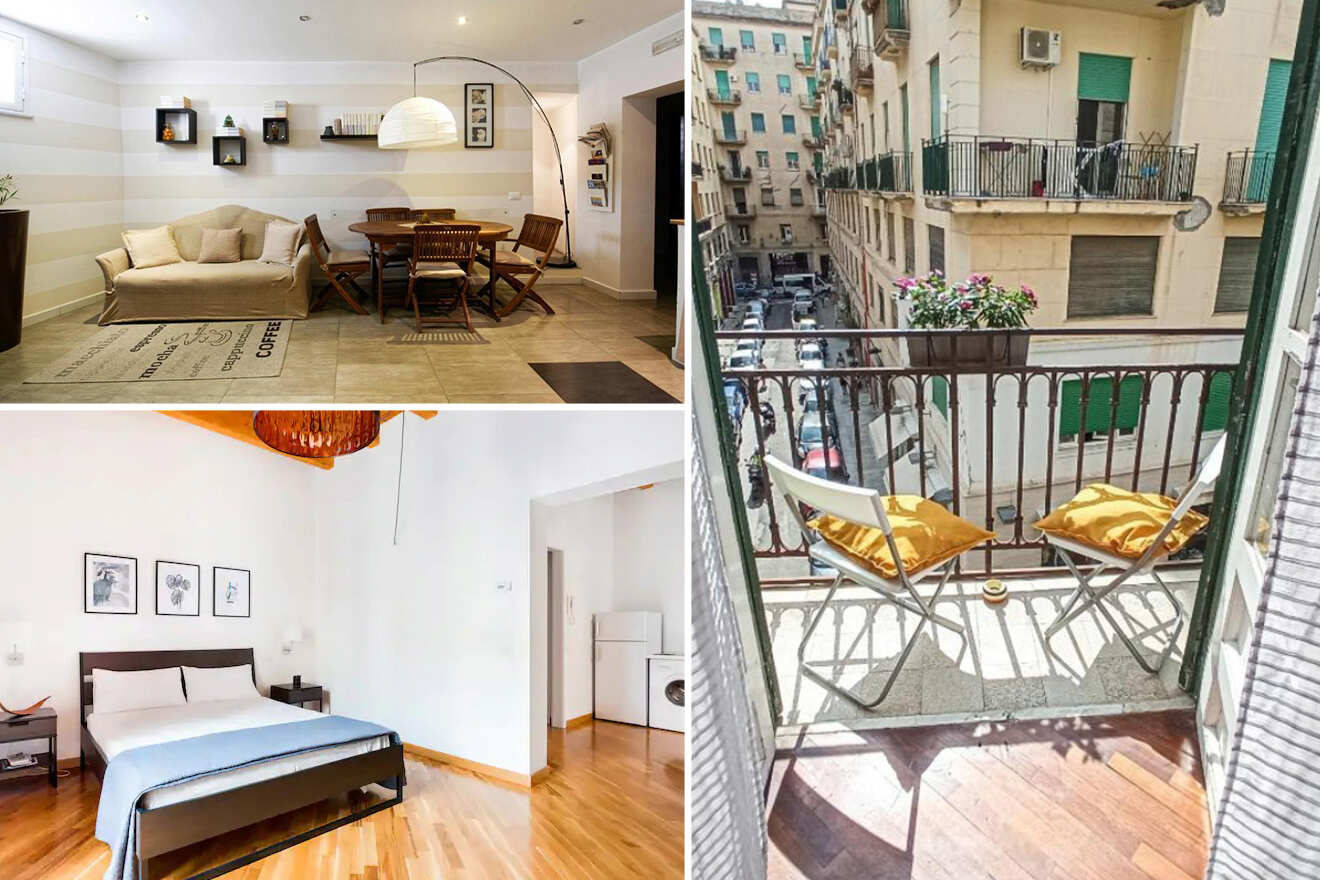 Collage of 3 pics of hotels in Castellammare Palermo: a cozy living room with a dining area, a spacious bedroom with minimalist decor, and a balcony with two chairs overlooking a city street.