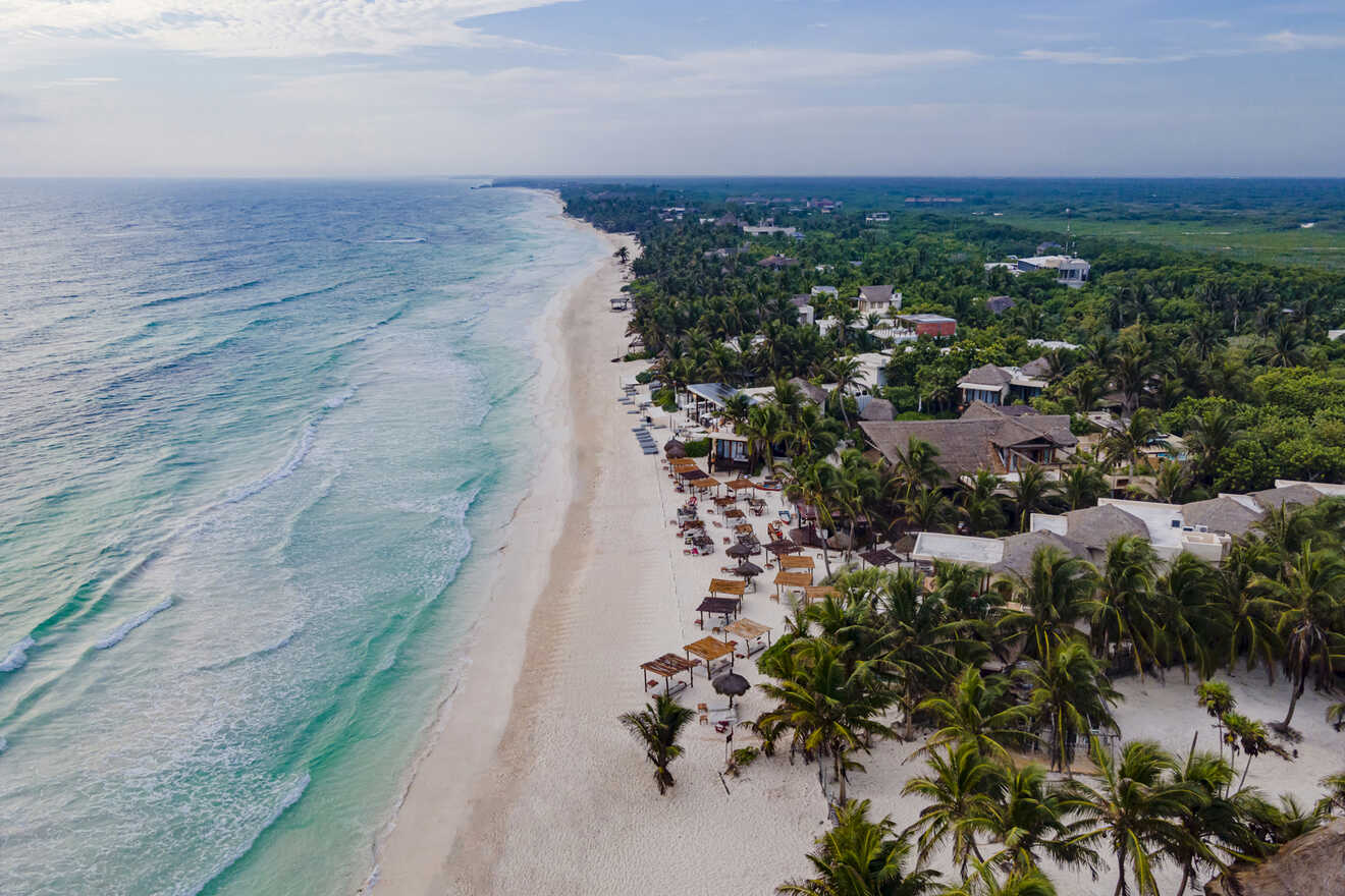 Aerial view of the beachfront in Tulum