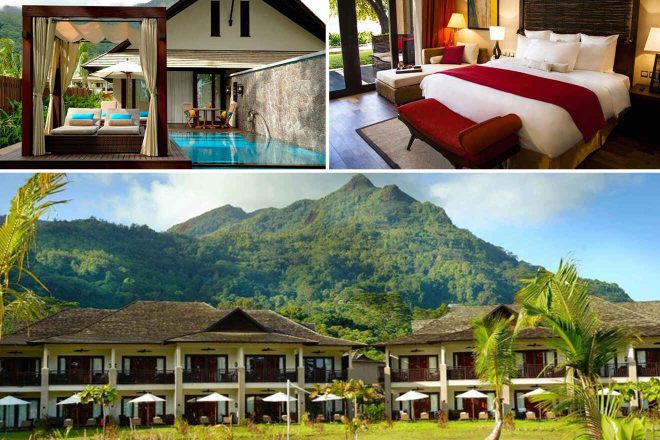 A collage of three hotel photos to stay in Seychelles: a private villa with an outdoor pool and cabana, a luxurious bedroom with red accents and a garden view, and a scenic view of the hotel with mountains in the background.