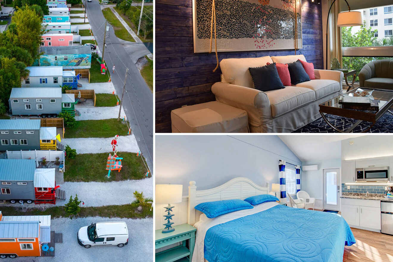 A collage of three hotel photos to stay in Siesta Key: an aerial view of colorful tiny homes lined up in a row, a modern living room with vibrant decor, and a spacious bedroom with a bright blue bedspread and a kitchenette in the background.