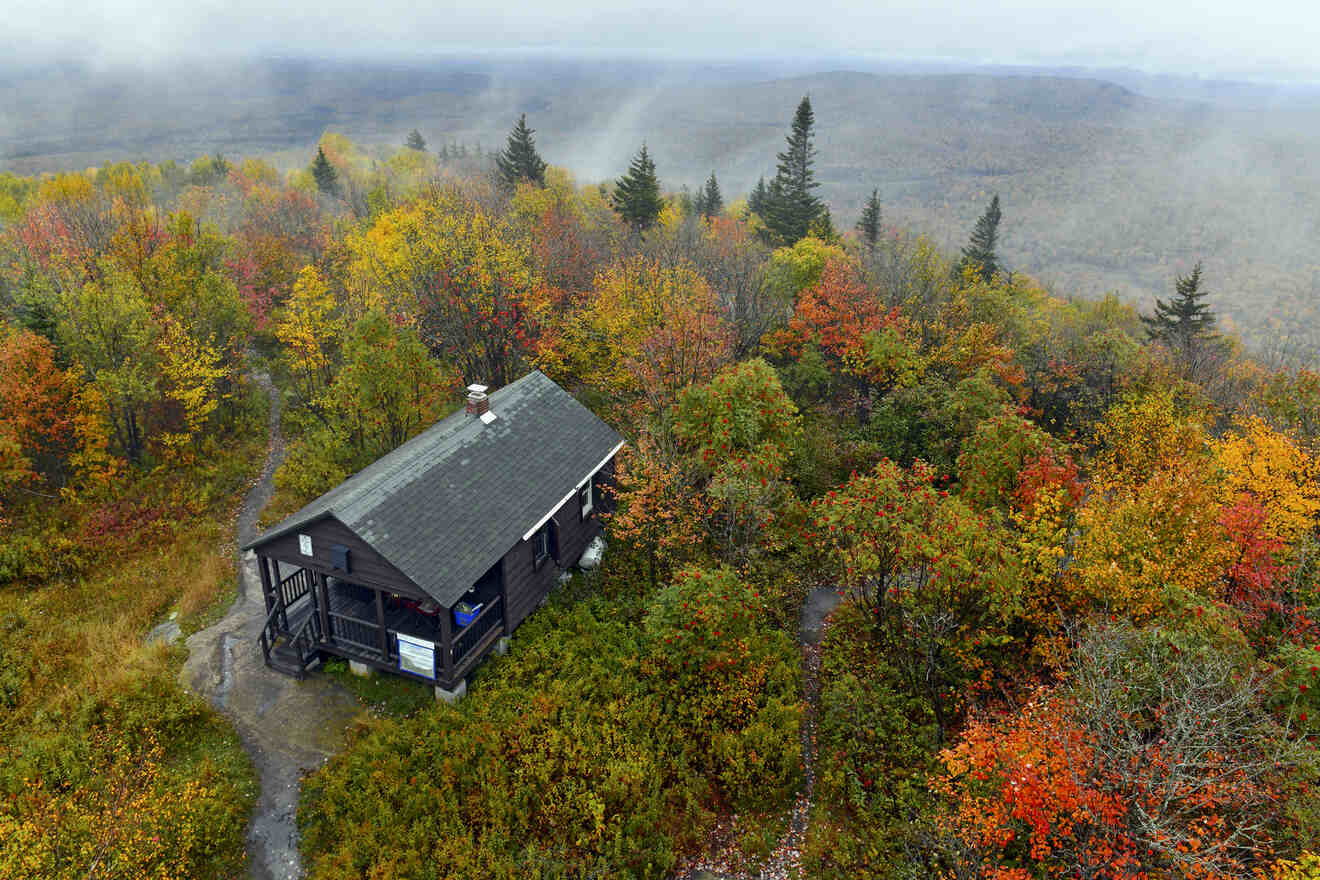 A small cabin surrounded by a forest with autumn foliage, overlooking a misty landscape. A winding path leads to the cabin.