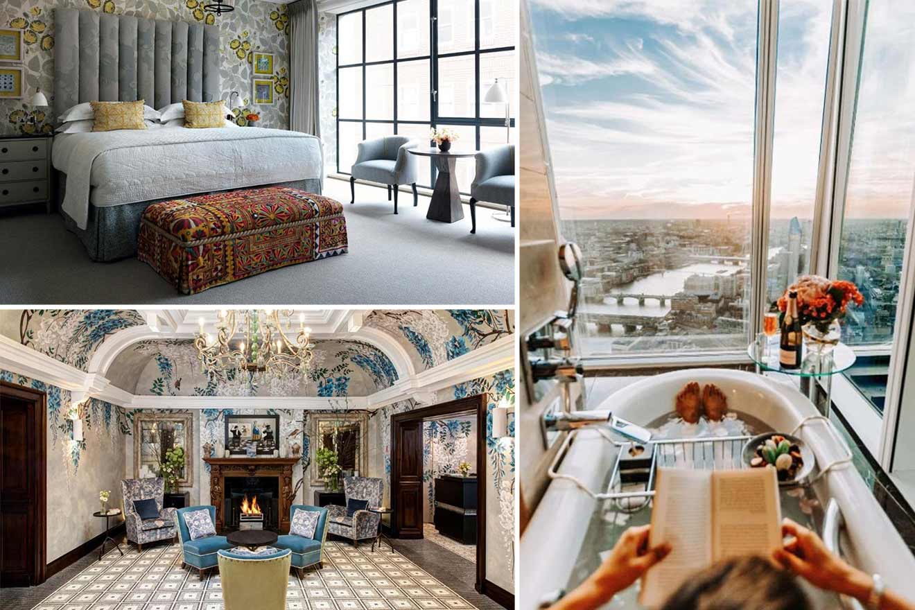 a collage of cool hotels in London, England with unique designs and a bath with city views