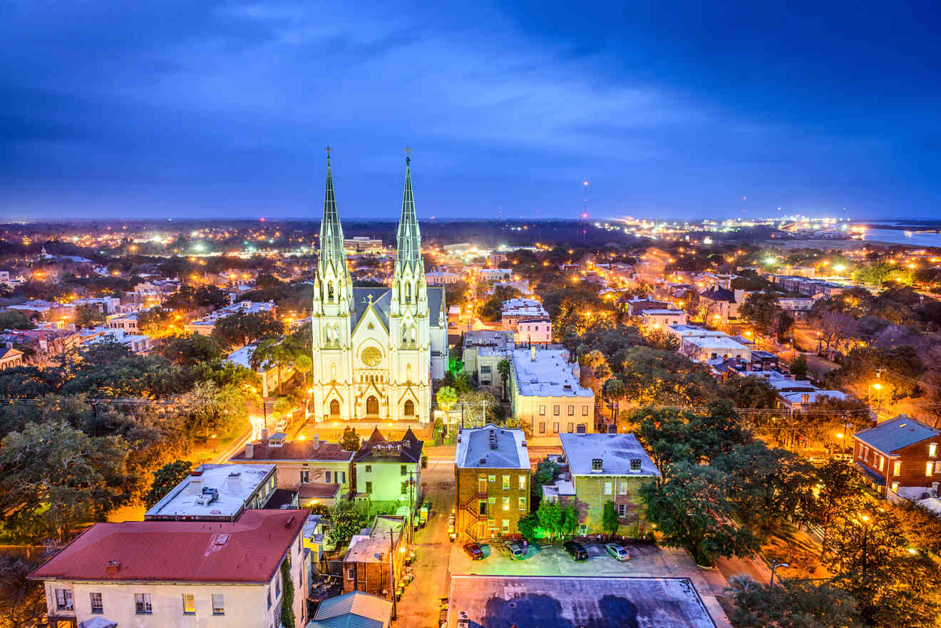 aerial view over Savannah Georgia at night