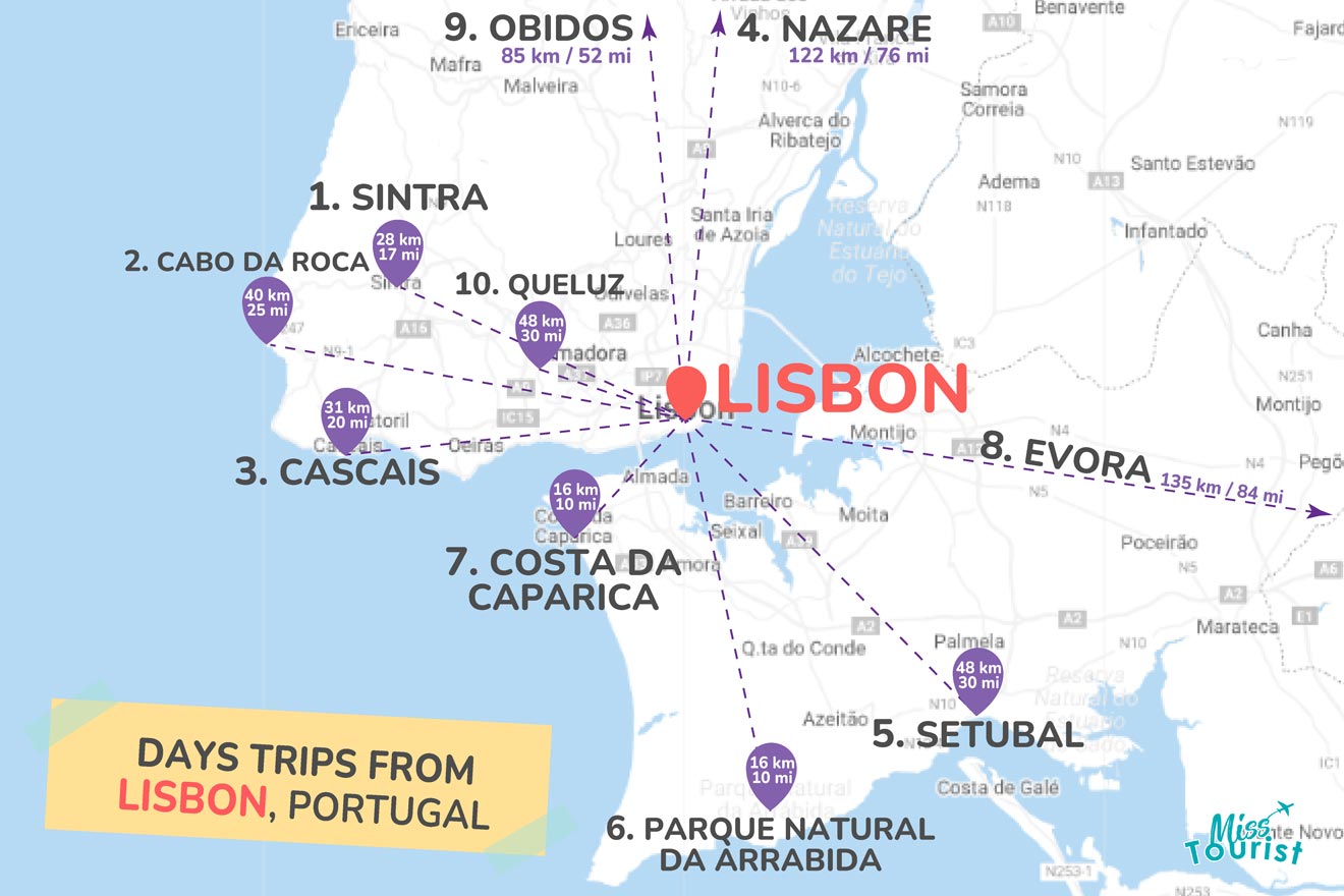 Map of best places to stay Day trips Lisbon