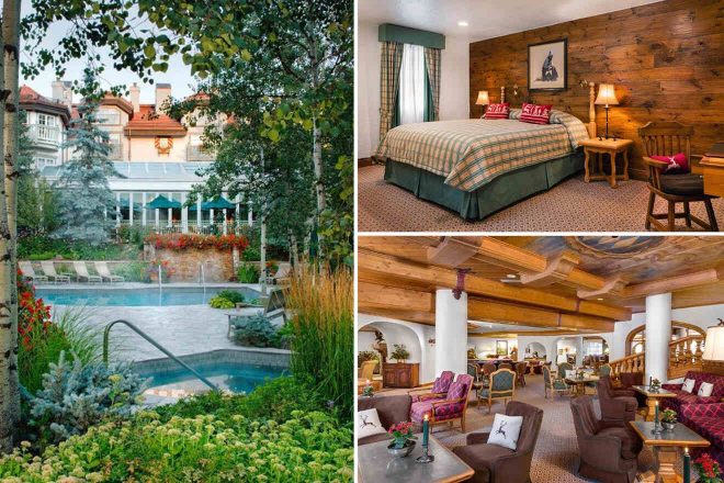 A collage of three hotel photos to stay in Vail: a serene outdoor pool surrounded by lush gardens and classical architecture, a cozy bedroom with rustic wooden walls and plaid bedding, and a spacious lobby furnished with comfortable armchairs