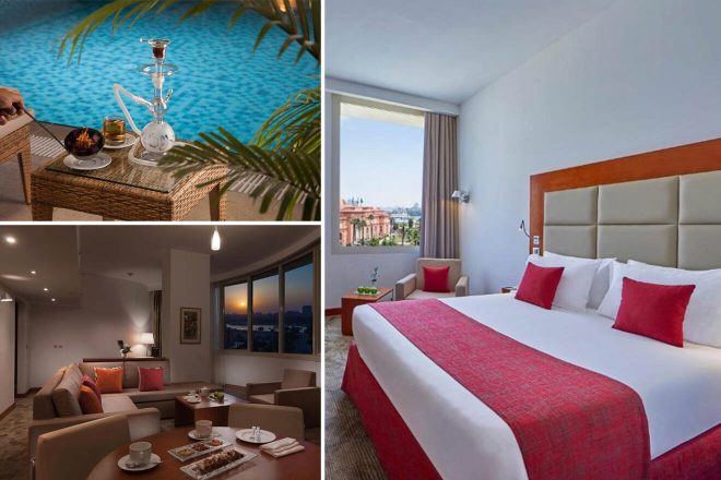 A collage of three hotel photos to stay in Cairo: a cozy room with a large bed and red accents, a poolside seating area with a hookah, and a spacious living room with a sunset view.