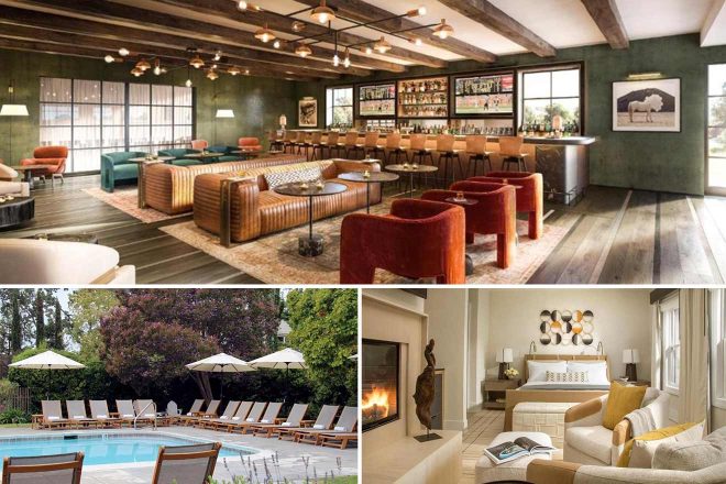 A collage of three hotel photos to stay in Sonoma: a stylish lounge area with leather sofas and a bar, a serene outdoor pool with lounge chairs, and a cozy room featuring a fireplace and modern decor.