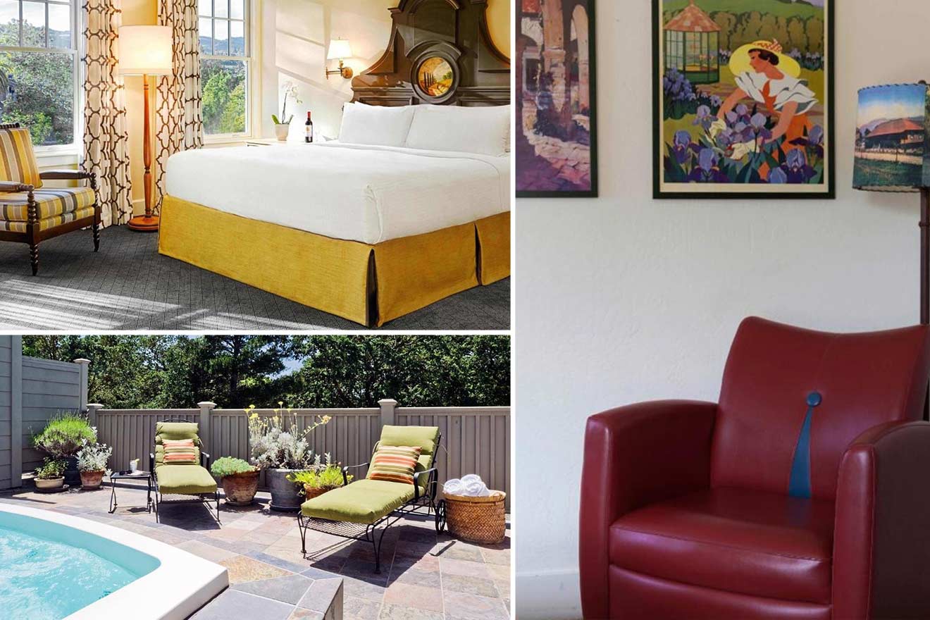 A collage of three hotel photos to stay in Sonoma: a bright room with a large bed and patterned curtains, a relaxing patio with green loungers and a small pool, and a vibrant red chair next to colorful artwork.