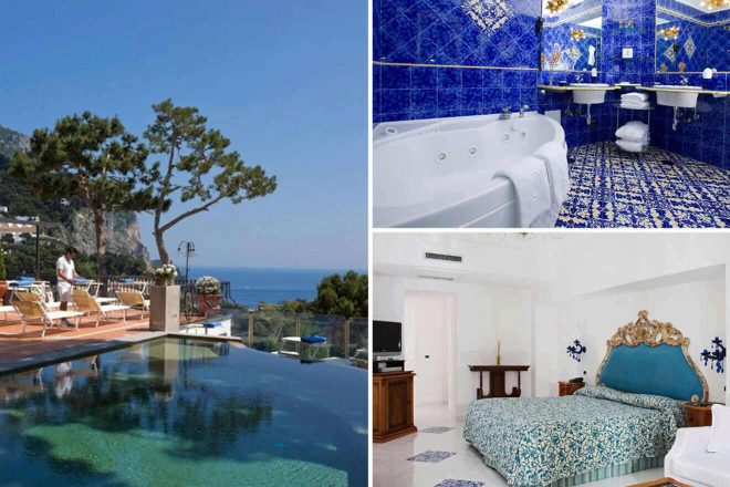 A collage of three images showcasing a luxurious hotel: an outdoor infinity pool with a sea view on the left, a blue-tiled bathroom at top right, and a bedroom with a green bedspread at bottom right.