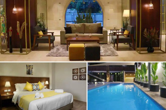 A collage of three hotel photos to stay in Cairo: a stylish hotel lobby with modern decor, a bright bedroom with yellow highlights, and an inviting outdoor swimming pool surrounded by plants.