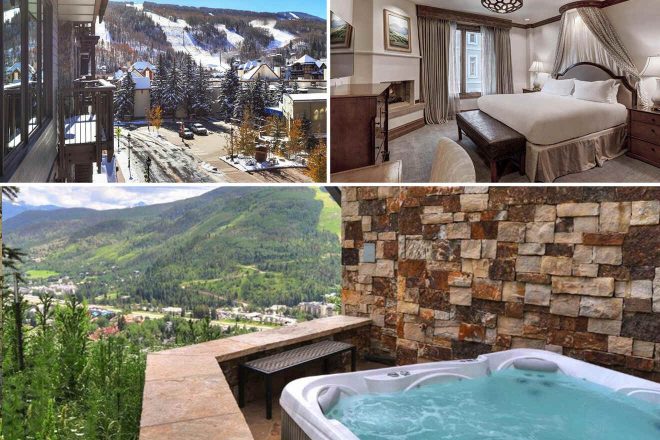 A collage of three hotel photos to stay in Vail: a balcony view overlooking snow-covered slopes and mountain town architecture, a luxurious bedroom with elegant furnishings and a mountain view, and a stone wall backdrop to a relaxing hot tub area with a scenic overlook.