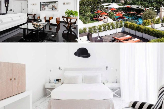 A collage of three images showcasing a luxurious hotel: a modern white living area, an outdoor pool with red umbrellas, and a minimalist bedroom with white and black decor.