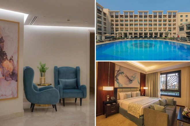 A collage of three hotel photos to stay in Cairo: a serene lounge area with blue armchairs, a grand hotel exterior with a large central pool, and an elegant bedroom with intricate wall art.