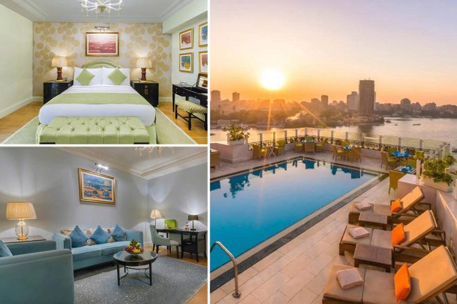 A collage of three hotel photos to stay in Cairo: a luxurious bedroom with green and gold decor, a charming living room with soft blue furniture, and a rooftop pool area with a stunning sunset view over the city.