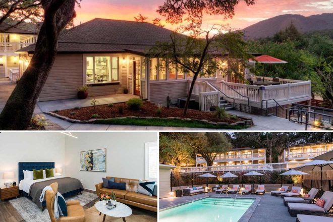 A collage of three hotel photos to stay in Sonoma: a charming house illuminated at sunset, a contemporary bedroom with a blue and brown color scheme, and a pool area with loungers and a multi-story building in the background.