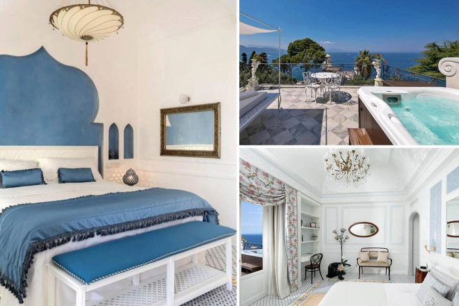 A collage of three images showcasing a luxurious hotel suite: a bedroom with blue and white decor, an outdoor patio with a hot tub and ocean view, and a tastefully furnished living area.